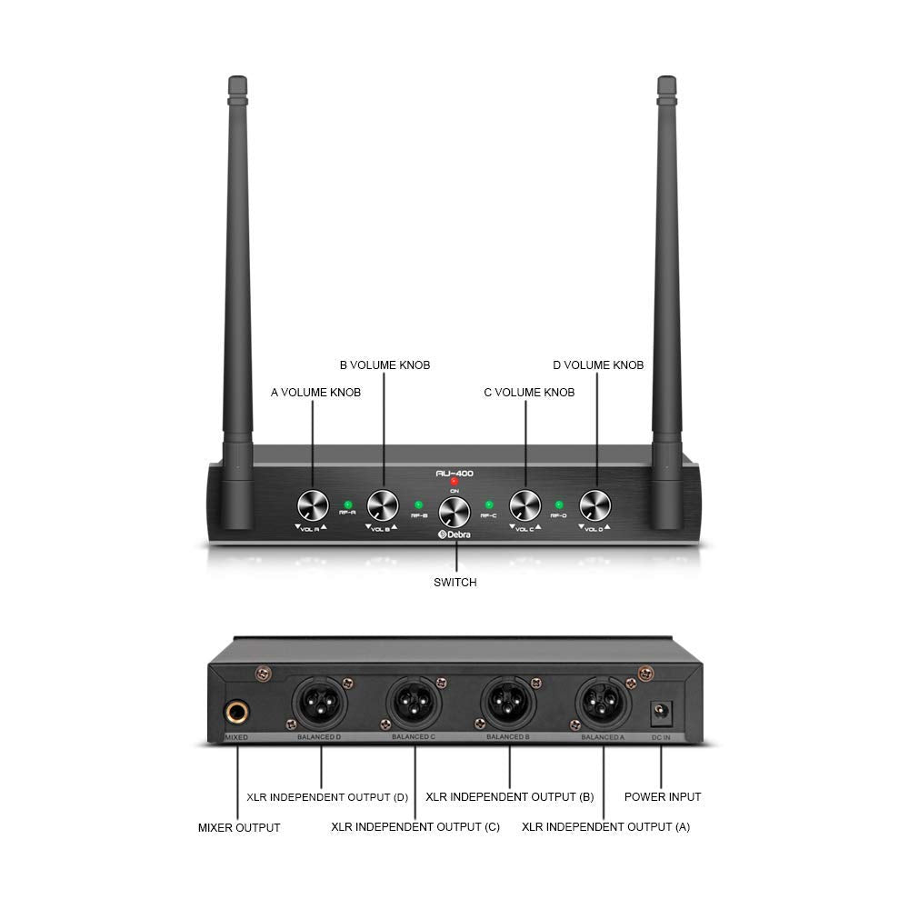 Debra Audio Pro UHF 4 Channel Wireless Microphone System with Cordless Handheld Lavalier Headset Mics, Metal Receiver, Ideal for Karaoke Church Party