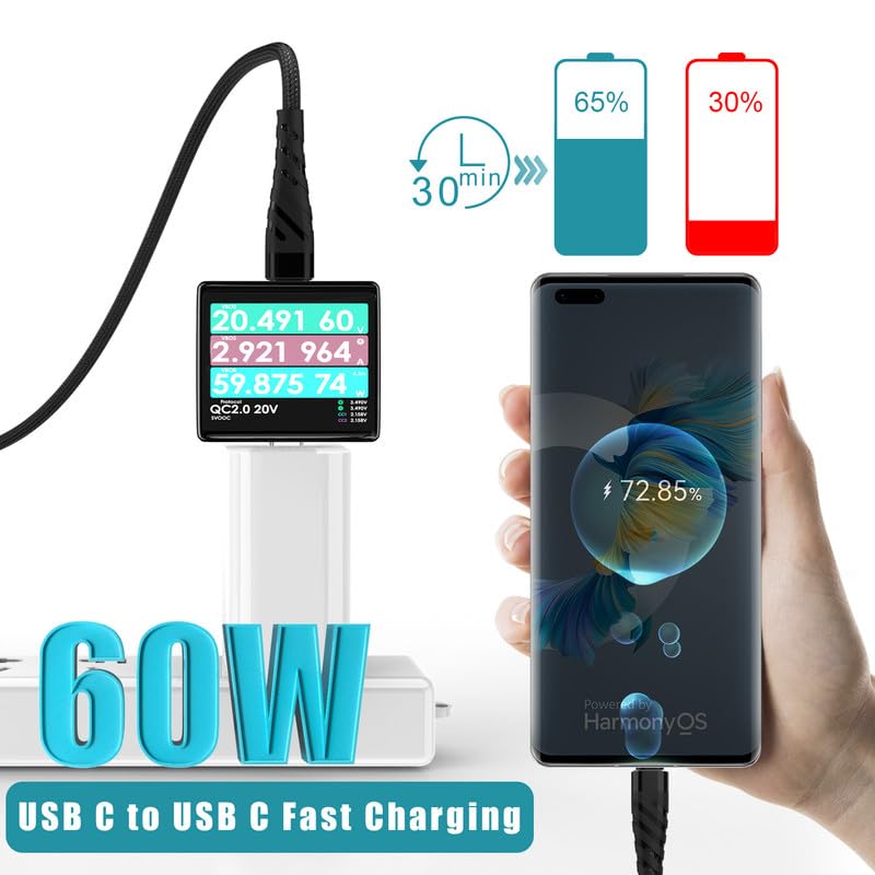 60W Fast Braided USB-C Charger Cable 6FT 2Pack - Compatible with iPhone 16/15/Samsung/Android/Huawei/Google/Switch/MacBook/iPad