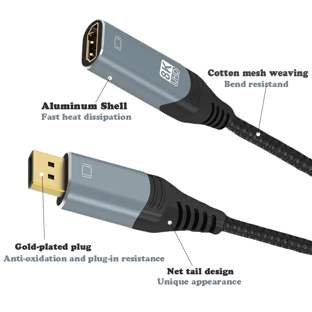 ConnBull DisplayPort to HDMI Adapter 8K, Uni-Directional DP 1.4 to HDMI 2.1 Screen (Male to Female) Cable Support 8K@60Hz/4K@120Hz Display for HP