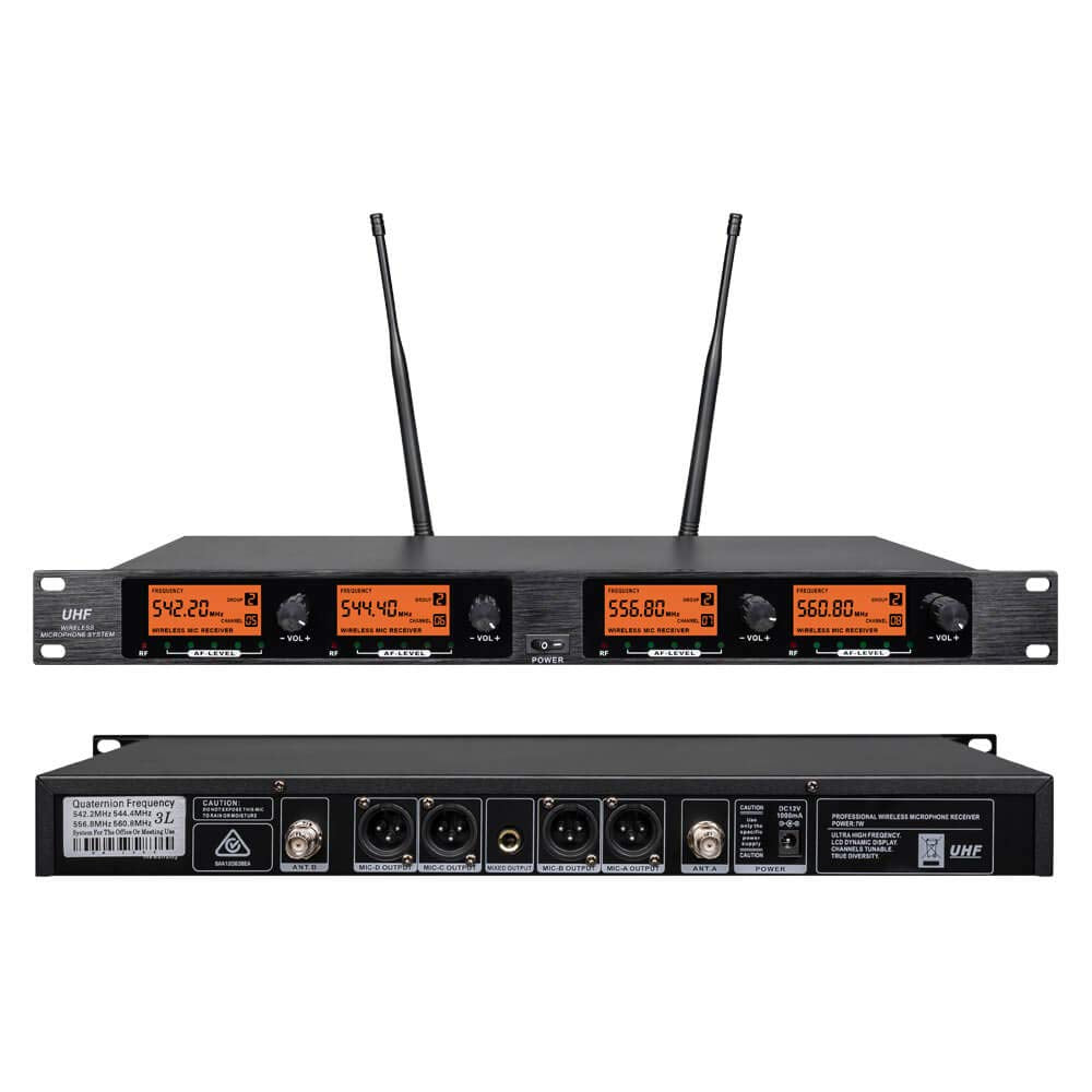 Frequency B Wireless Microphone System 4 Channel 4 Lavalier 4 Bodypacks 4 Lapel Mic 4 Headsets UHF for Karaoke System Church Speaking Conference