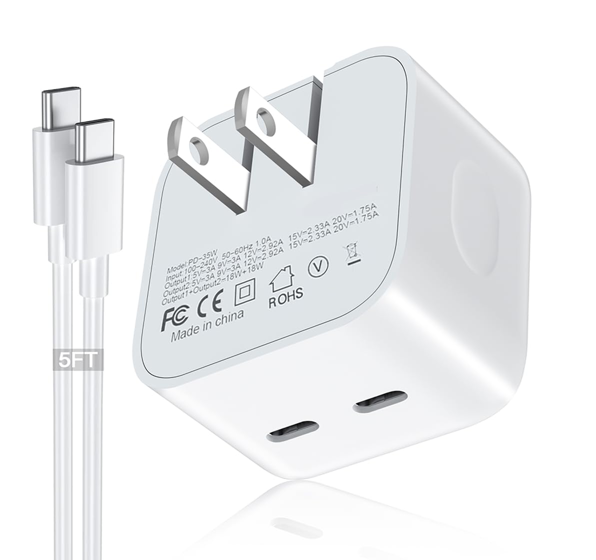 35W Dual USB-C Port Compact Power Adapter with 5FT C to C,Charging Cord for iPhone 16 15 14 13 12 11 Pro Max Plus,Samsung