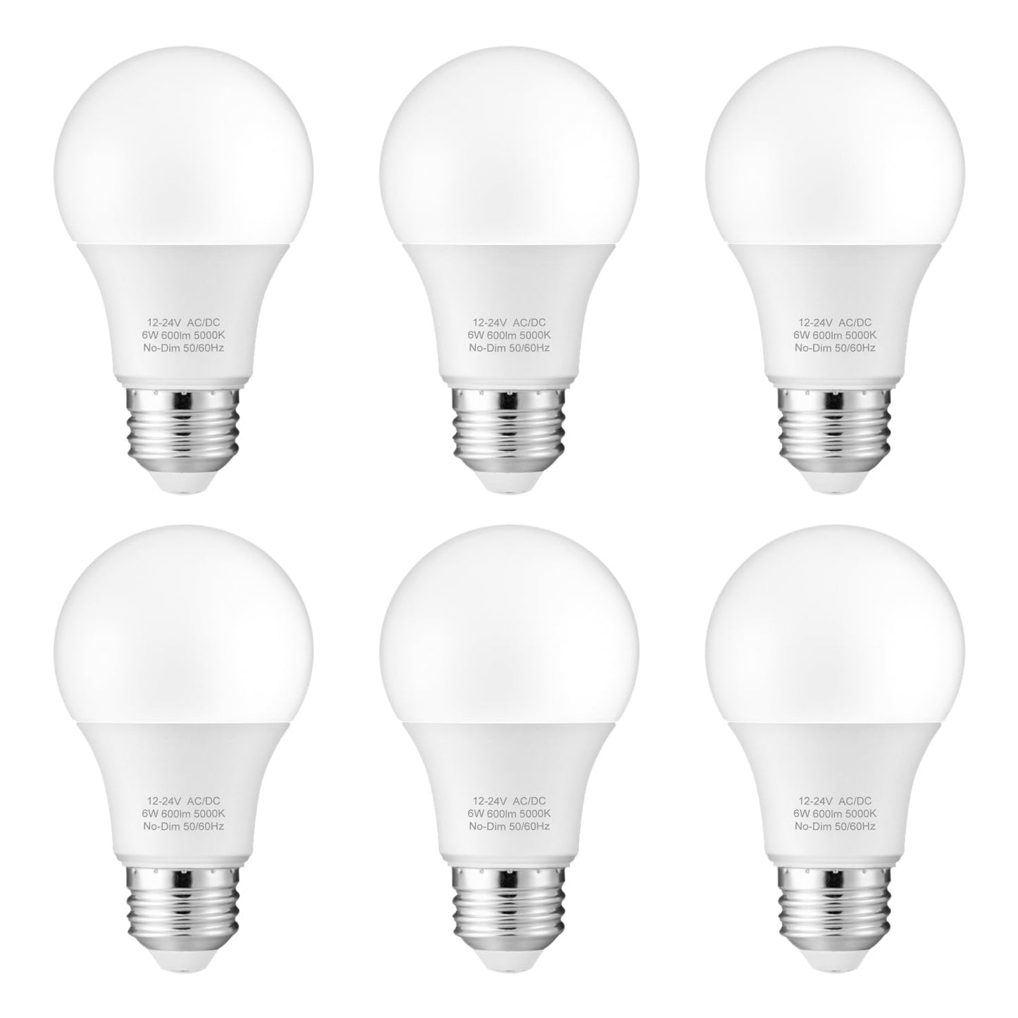 Maelsrlg 12V LED Bulb 6W(50W Equivalent), Daylight 5000K, 12V-24V AC/DC, 600 Lumens, Non-Dimmable, A19 12V DC LED Light Bulbs, E26 Base, Pack of 6