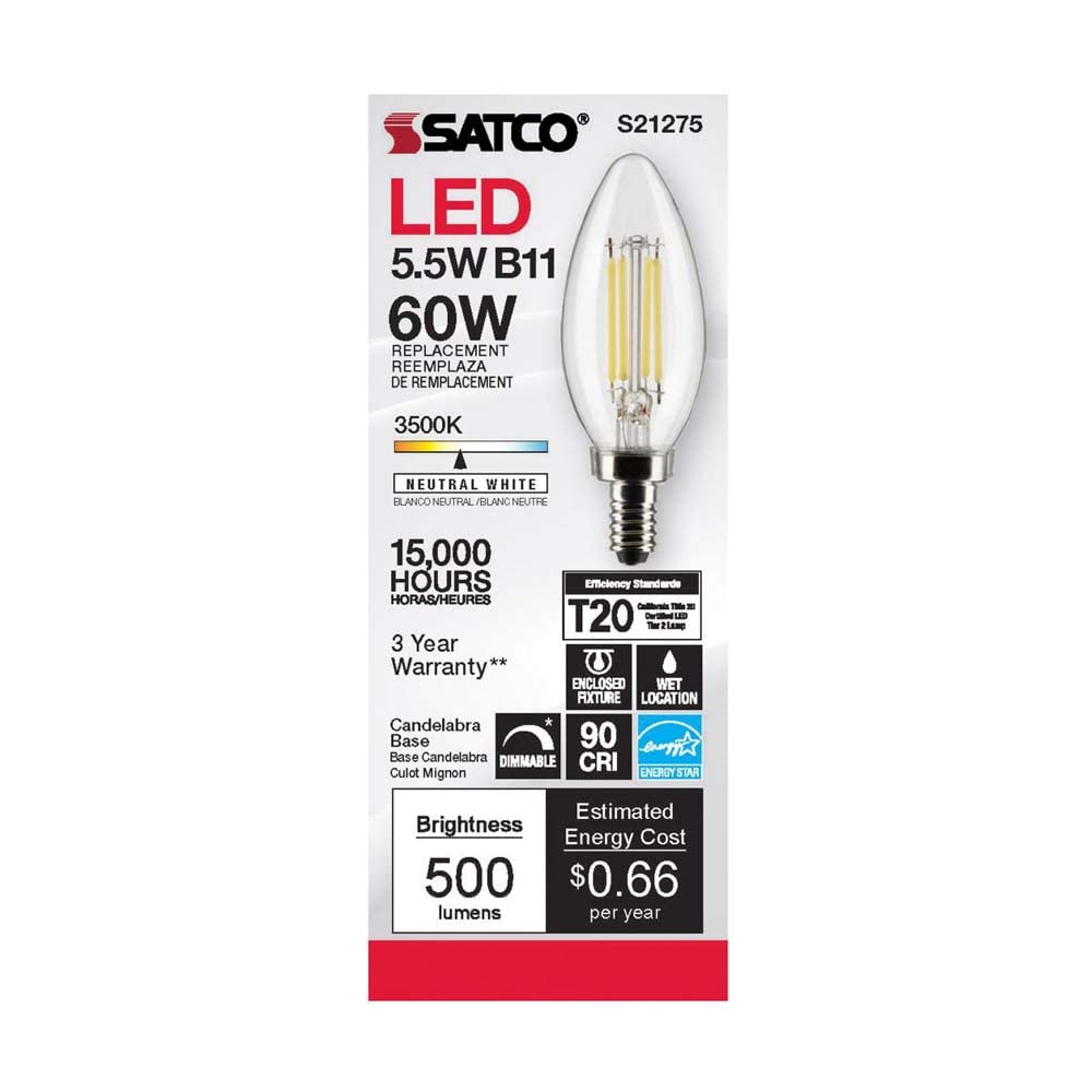 Satco S21275 5.5W LED Filament B11 Clear Light Bulbs, 3500K Neutral White, E12 Candelabra Base, 500 Lumen, 90 CRI, Dimmable, Wet Location, 6 Pack