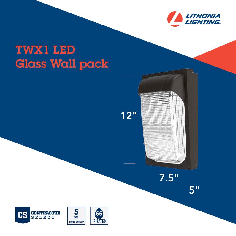 Lithonia Lighting 7.5" Mini LED Wall Pack Outdoor Light Fixture, Building Wall Light, Adjustable Lumens, 4000K Cool White, MVOLT 120-277V, IP65, Glass
