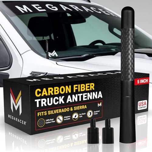 Anodized 5" Short Black Carbon Fiber Truck Antenna for Chevy Silverado & GMC Sierra 1500 2500 (1999-2026) - Billet Aluminum, UV & Chip-Resistant, Car
