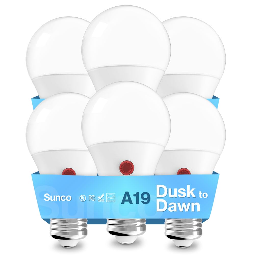 Sunco 6 Pack A19 LED Outdoor Light Bulbs, Dusk to Dawn, 2700K, 9W=60W