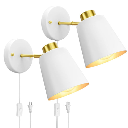 Yollzey Plug in Wall Sconces, Rotatable Angle White Wall Lamp with Plug in Cord Metal Vintage Industrial Wall Mounted Light Reading Light for Bedroom
