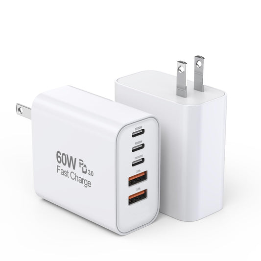 USB C Fast Charger Block, 2Pack 60W 5-Port Type C iPhone Charger Plug, Apple Fast Charging Block, 3 USB C+2 USB A PD & QC 3.0 Power Adapter Multi-port