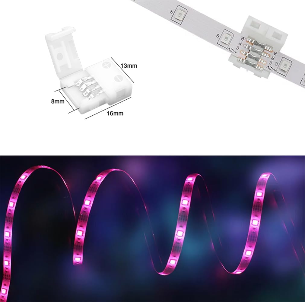 LED Light Strip Connectors for RGB Strip Lights, 10-Pack 4pin 8mm Gapless Seamless Connectors, 5 Pack Strip for Stripping Jumper Extension Connector