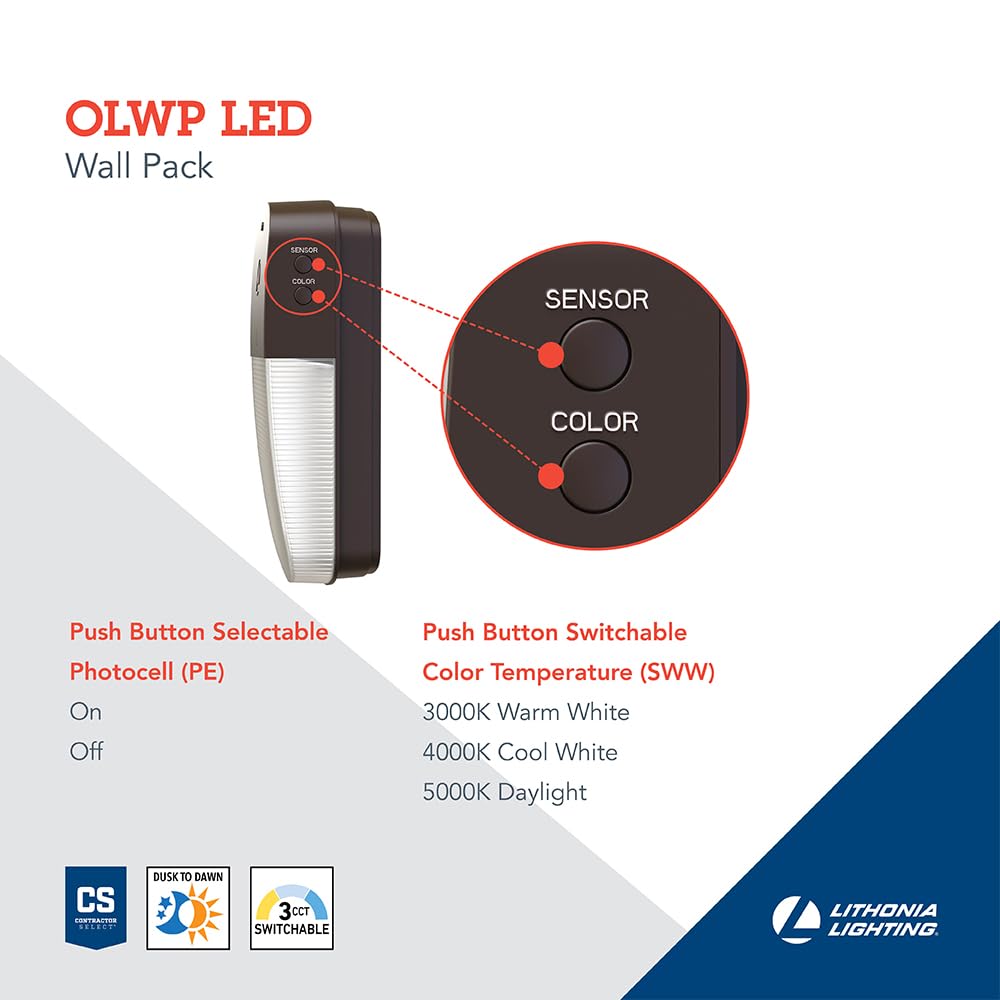 Lithonia Lighting 5.3" Mini LED Wall Pack Outdoor Light Fixture, Outdoor Wall Light with 3-Way Selectable CCT 3000K/4000K/5000K, Dusk to Dawn