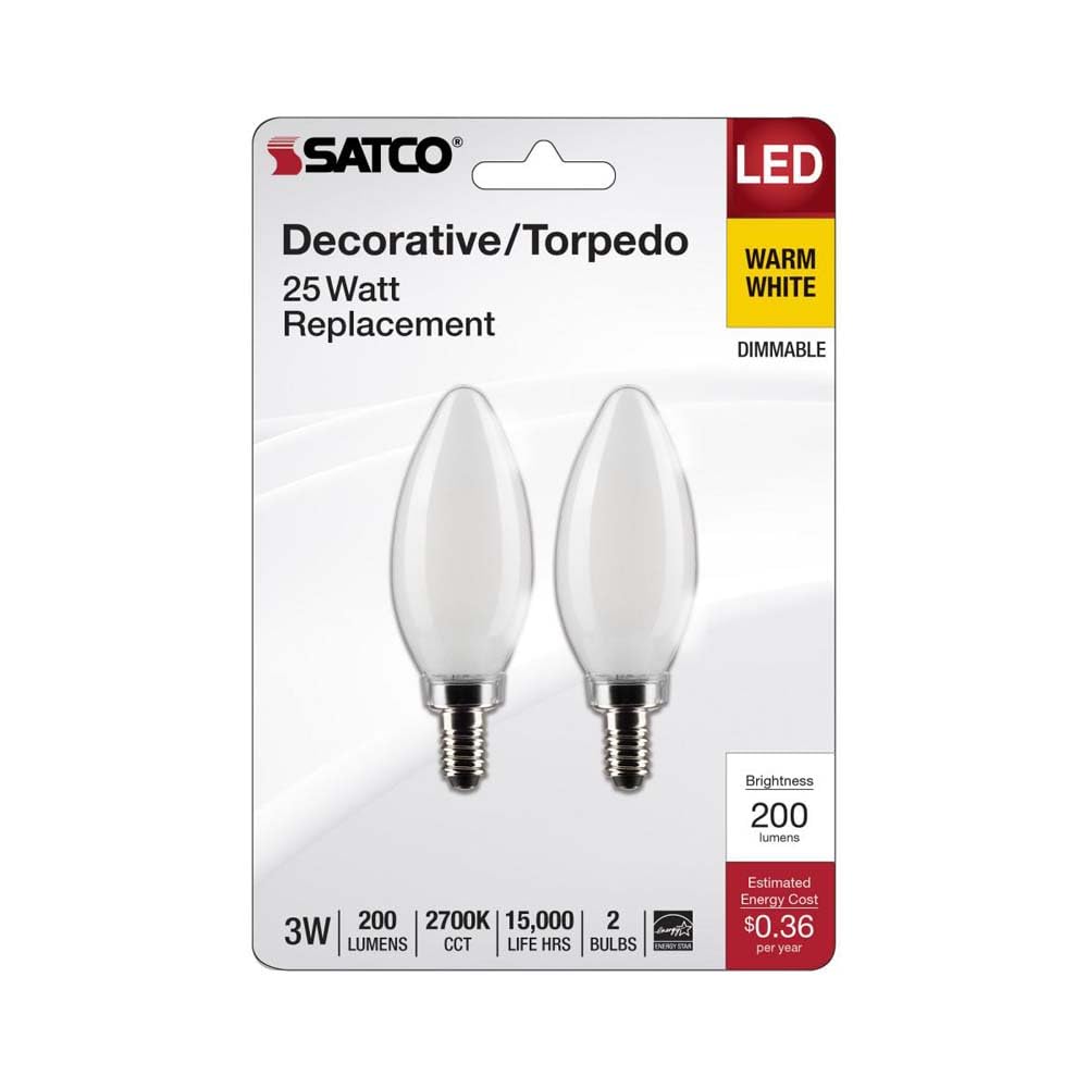 Satco S21818 3 Watt B11 LED Bulb, Frosted, Candelabra Base, 2700K, 200 Lumens, 120 Volt, 2-Pack