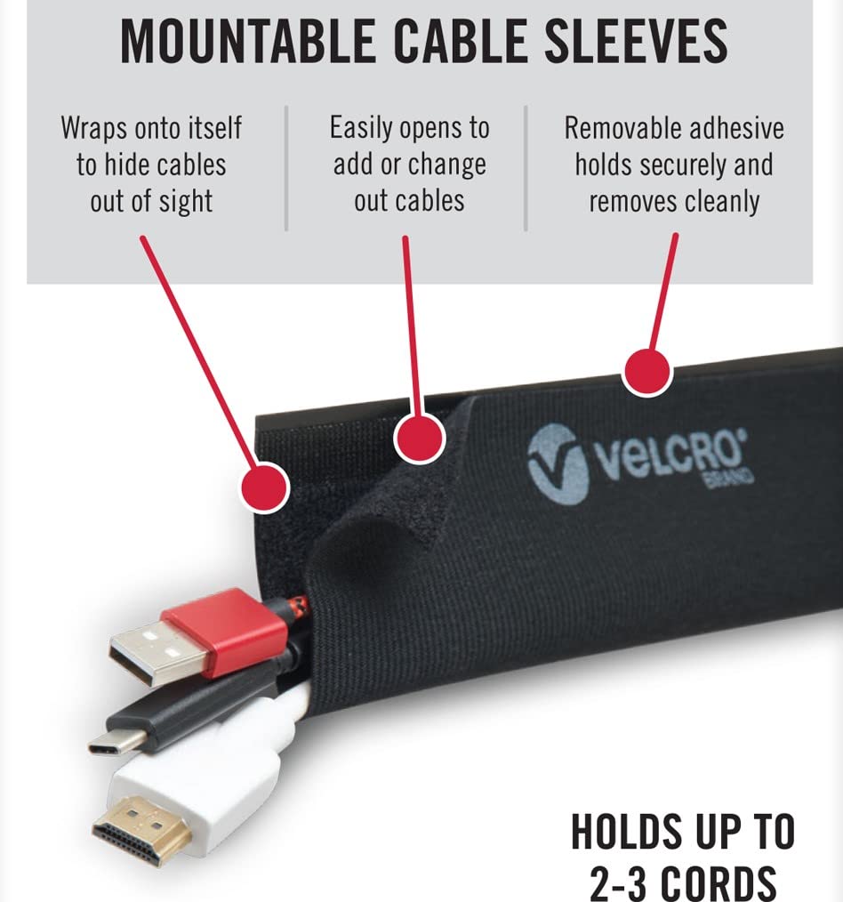VELCRO Brand Mountable Cable Sleeve | Cord Management Mounts on Walls, Desk or Entertainment Center | Removable Adhesive is Damage Free | 8in Black