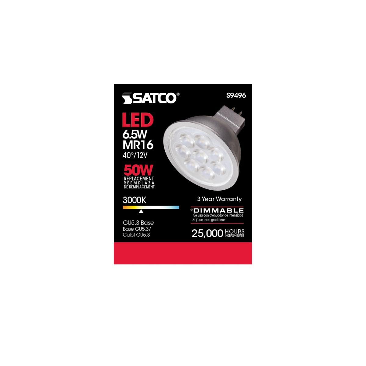 Satco Lighting 6.5 Watt Dimmable MR16 Low Voltage LED Light Bulbs - 3000K Soft White - 40 Degree Beam Angle - GU5.3 Base - 12 Volt AC/DC - 6 Pack