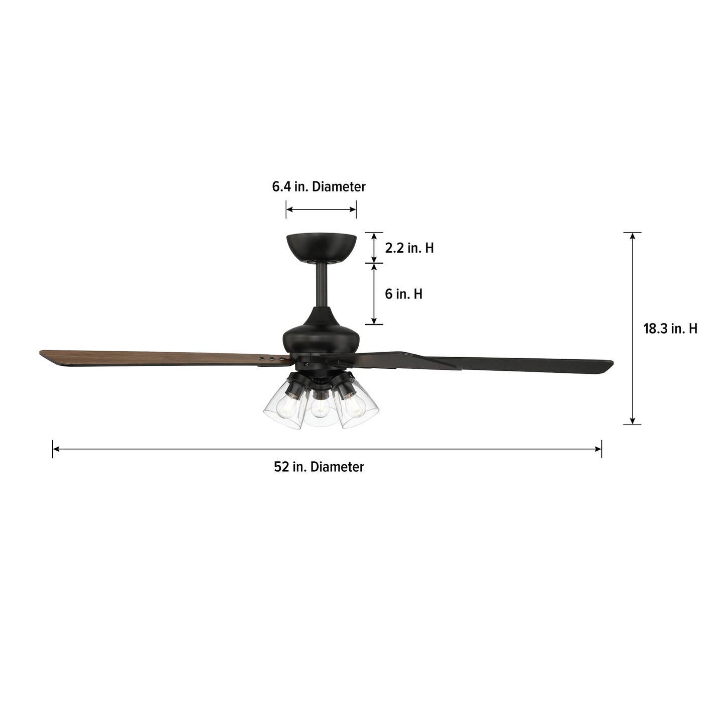 DESIGNERS FOUNTAIN Charney 52 Inch Indoor Traditional Ceiling Fan, Clear Glass Shades, Remote Control, Matte Black