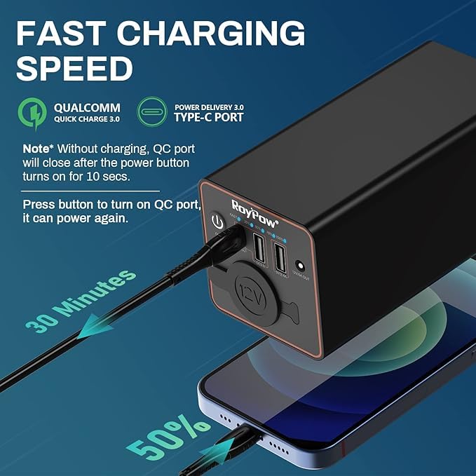 RoyPow 30W PD Portable Charger with 12V/10A Cigarette Lighter Socket, 86.58Wh USB C Laptop Power Bank, 18W QC& 12V DC External Battery Pack, Perfect