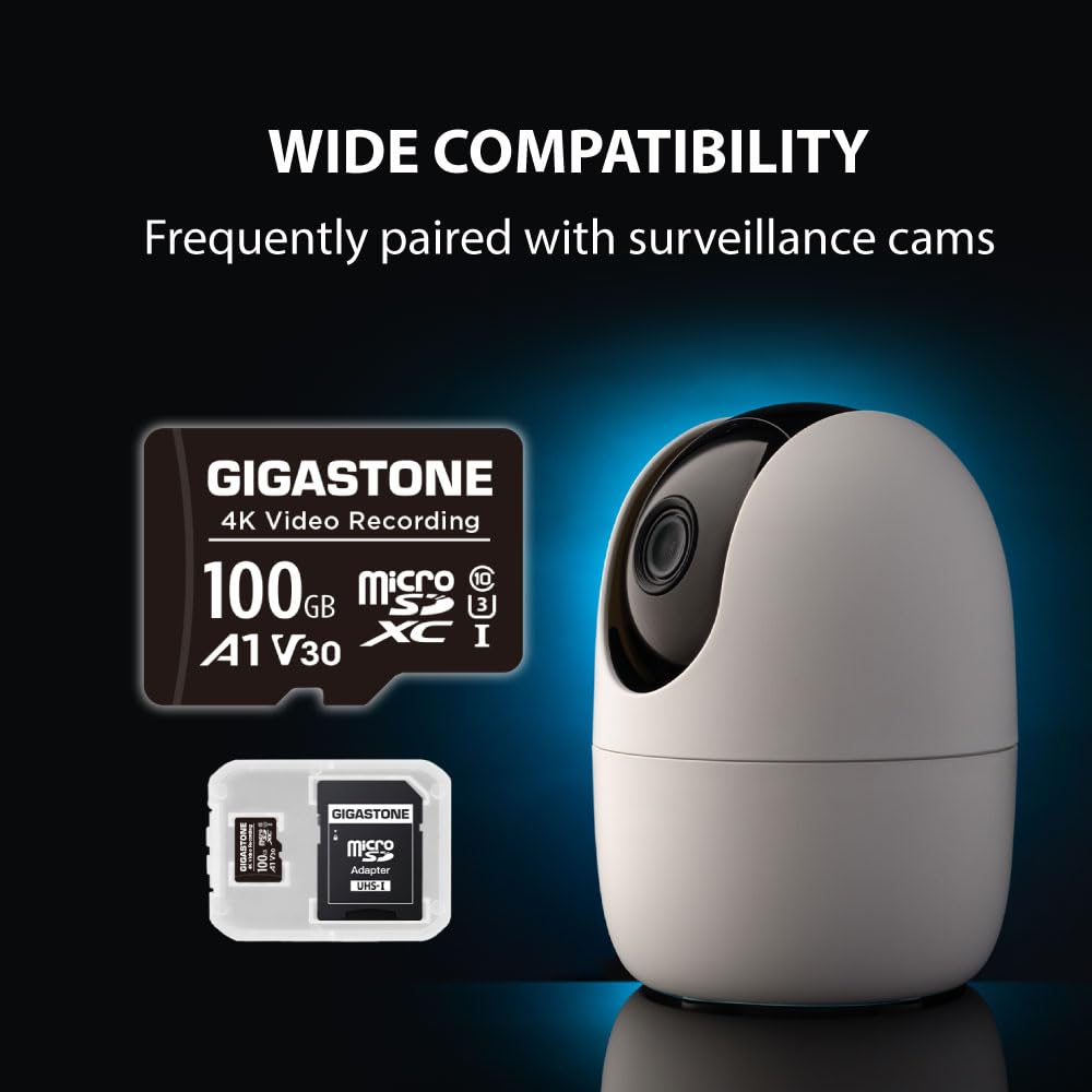 GIGASTONE 100GB Micro SD Card, A1 V30 4K Video Recording, Compatible with Security Camera, Dash Cam, Drone, 100MB/s MicroSDXC Memory Card UHS-I