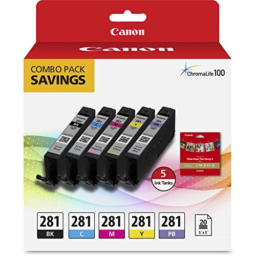 Canon CLI-281 5-Color Ink Tank Combo Pack with 5 x 5" Photo Paper (2091C006) + Canon PGI-280 XXL Pigment Black Ink Tank (1967C001)