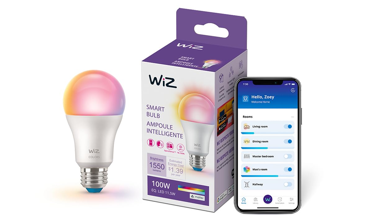 WiZ Connected 100W A19 LED Smart Light Bulbs Color - Connects to Your Wi-Fi - E26 Smart Bulb - Control with Voice or App + Activate with Motion