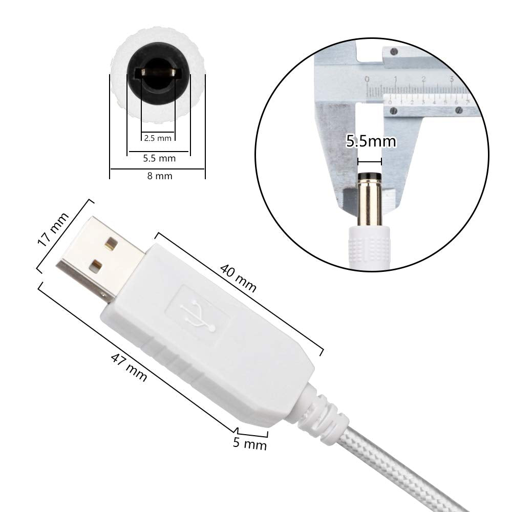 DC 5V to DC 12V USB Voltage Step Up Converter Cable,with Nylon Weave,for DC5.5mm*2.5mm,1.0M (5.5x2.5mm, White)