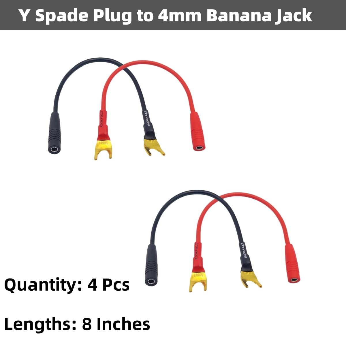 KOOKFJLLZ Gold Plated Speaker Wire Adapters - Spade to Banana Plug Connectors, 8-Inch Audio Cables, 4-Pack