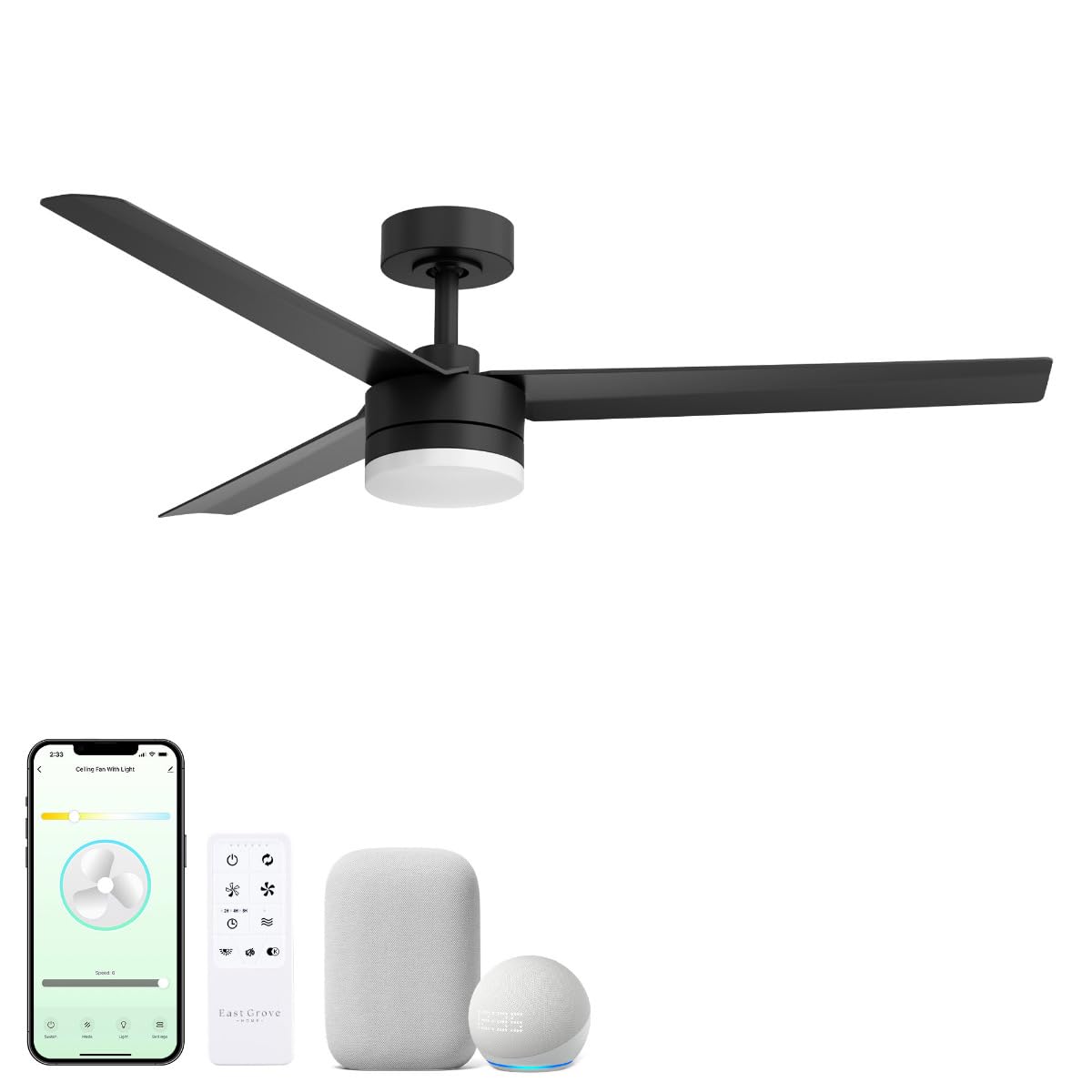 East Grove Home Breeze 52in 3-Blade Smart Ceiling Fan in Matte Black 2700K-6000K CCT Tunable Range LED Light Kit with Remote Control Works With iOS or