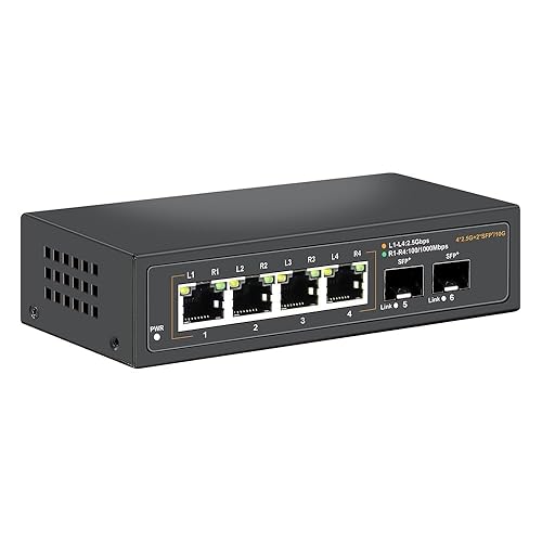 Davuaz 2.5G Unmanaged Ethernet Switch with 4 x 2.5G Base-T Ports and 2 x 10G SFP+ Uplink Ports, Compatible with 100/1000/2500Mbps, Fanlesss Design