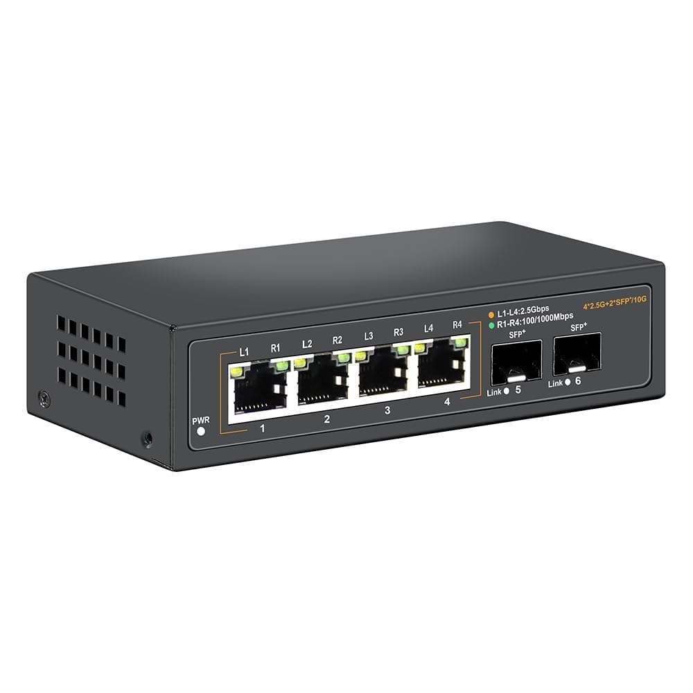 Davuaz 2.5G Unmanaged Ethernet Switch with 4 x 2.5G Base-T Ports and 2 x 10G SFP+ Uplink Ports, Compatible with 100/1000/2500Mbps, Fanlesss Design