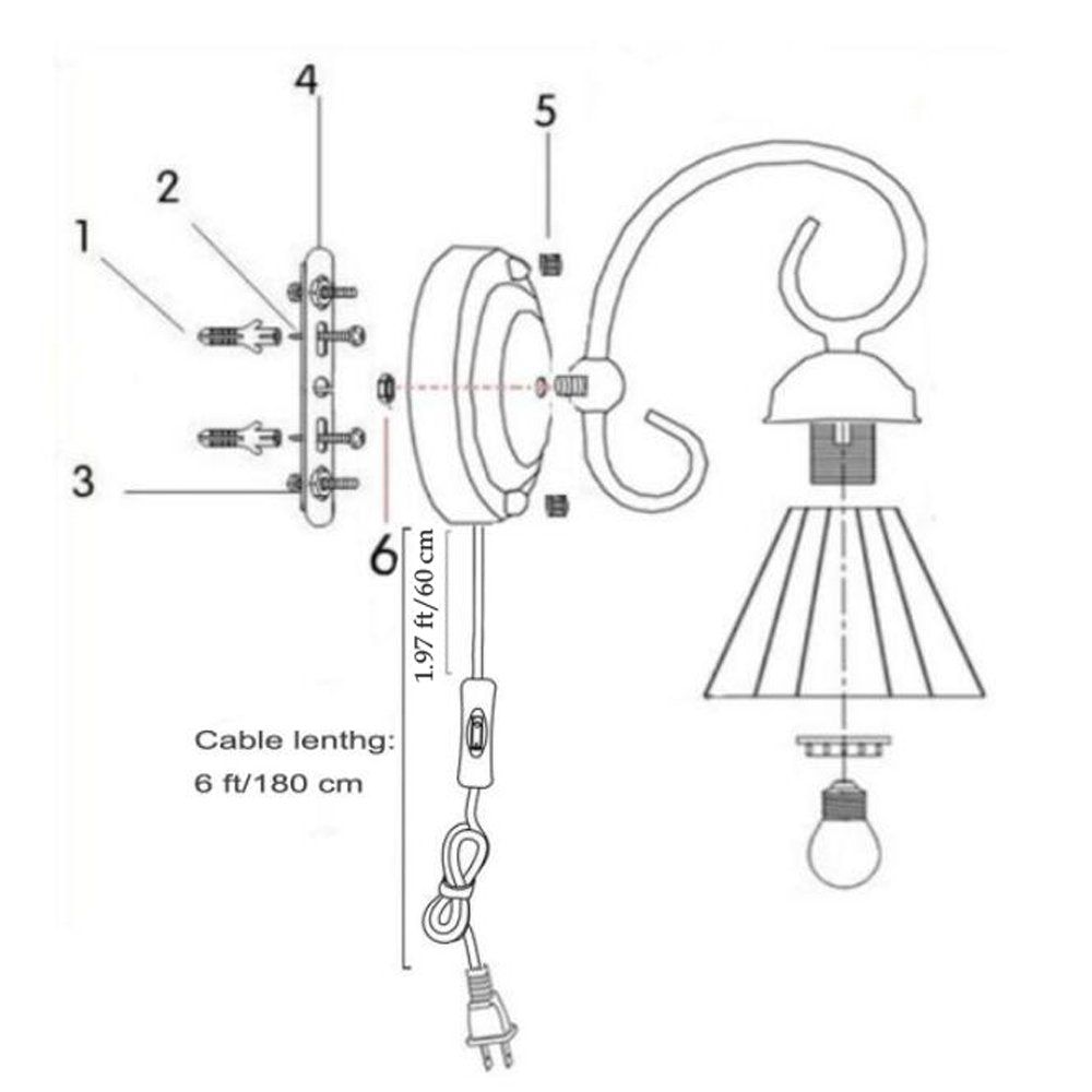 Kiven Wall lamp E26 1-Light Plug-in Bulb not Included Wall Sconce Glass Shade 6 Foot Black Cord(BD0527)