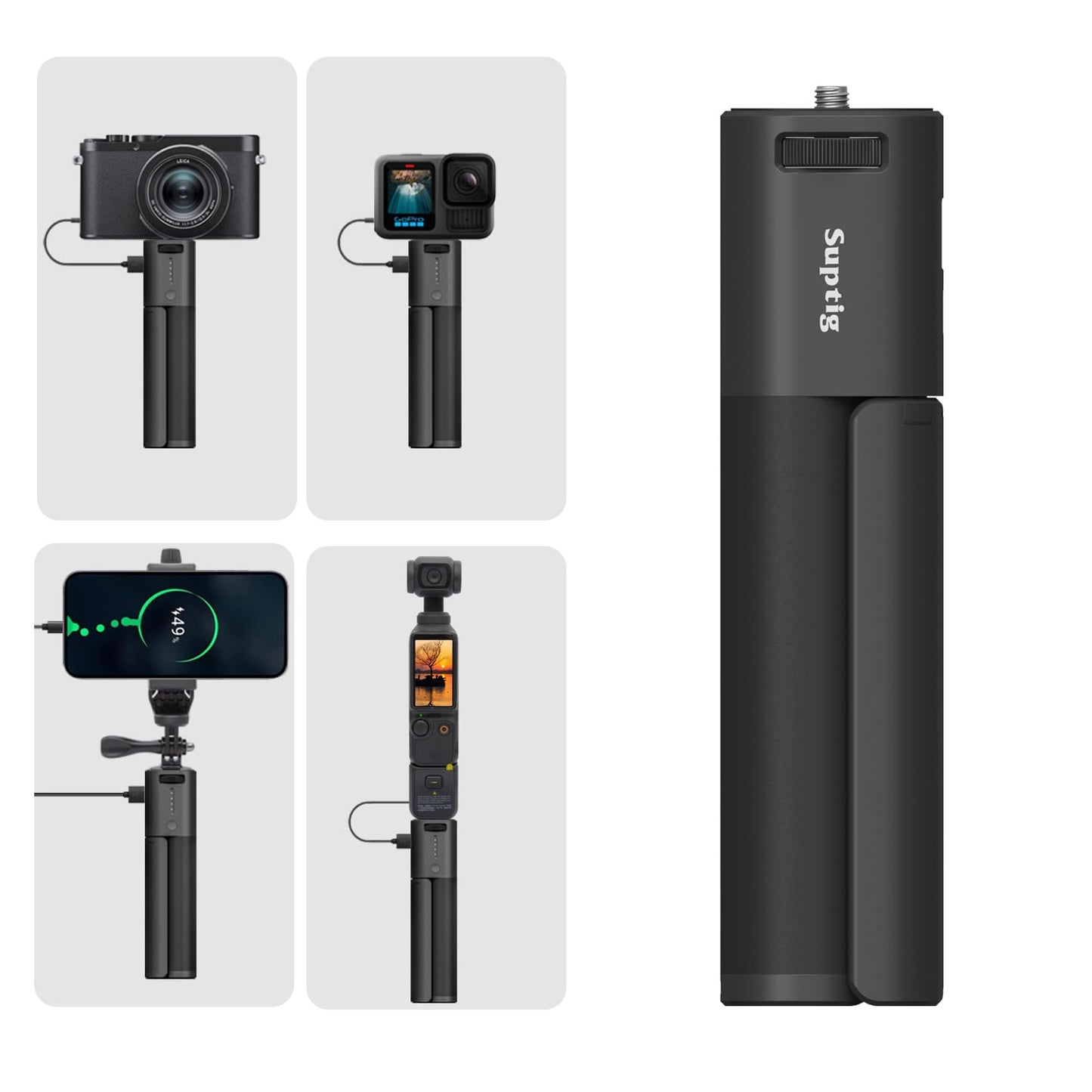 Suptig Handle Battery Mount, Battery Charger 10000mAh Comptible for Gopro Hero 13,12,11,10-5, Gopro Max2, DJI osmo Pocket 3, Canon, Akaso, DJI Action