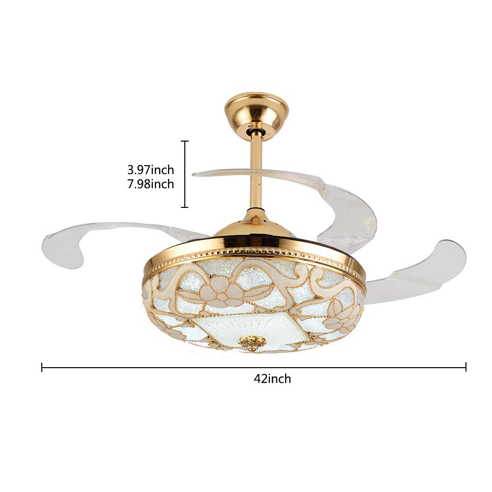 42 Inch Gold Ceiling Fans with Lights and Remote, Modern Floral LED Chandelier Fan Light Kit, 4 Retractable Blades, 3 Color 3 Speed Adjustable, Indoor
