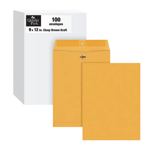 Quality Park 9 x 12 Clasp Envelopes with Deeply Gummed Flaps, Great for Filing, Storing or Mailing Documents, 28 lb Brown Kraft, 100 per Box