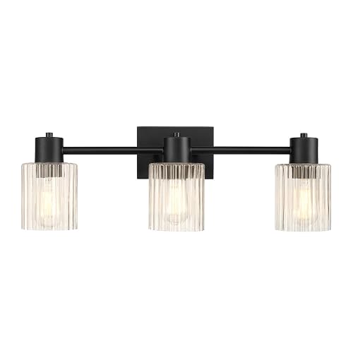 Globe Electric 3-Light Vanity Light, Matte Black, Clear Ribbed Glass Shades