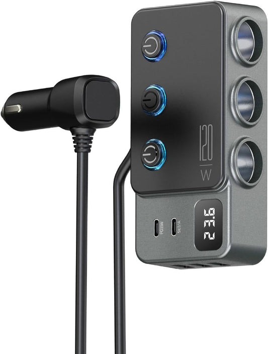 8-in-1 Car Cigarette Lighter Splitter, QC3.0 3 USB Ports & 2 Type-C PD 35W Fast & Safe Charging,3 Sockets with Independent/ Master Switches, Real-Time