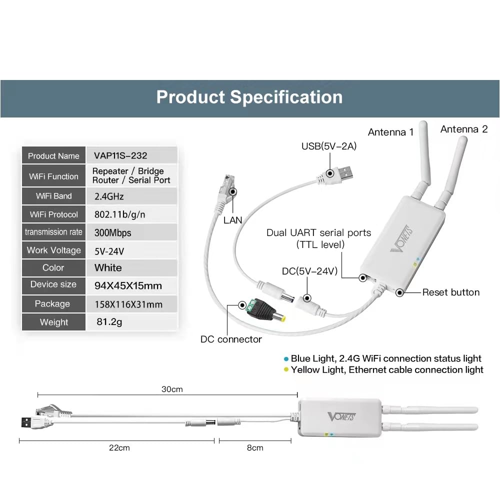 VONETS VAP11S-232 Industrial 2.4GHz WiFi Bridge to Serial RS232/RS485/TTL, Wireless to Ethernet Adapter, 5-24V Wide Voltage, 300Mbps