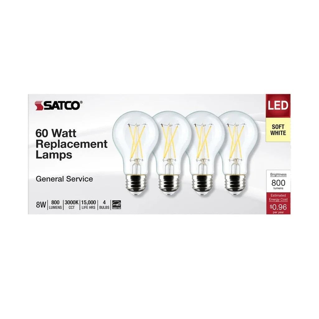 Satco S12463, A19 LED Bulbs, 8W, Clear, 3000K, Dimmable, 4-Pack, Light Bulb
