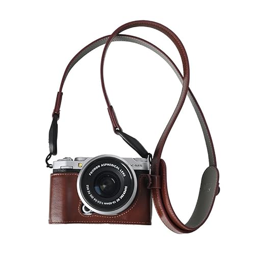 BMAOLLONGB X-M5 Case, Handmade Genuine Real Leather Half Camera Case Bag Cover for Fujifilm X-M5 Bottom Opening Version + Neck Strap (Coffee)