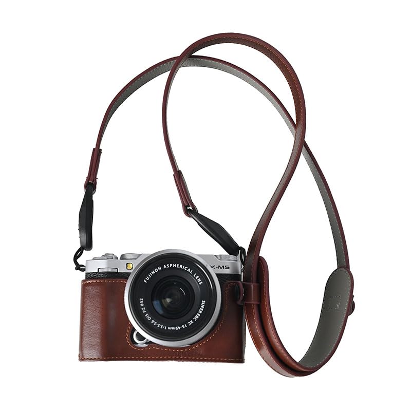 BMAOLLONGB X-M5 Case, Handmade Genuine Real Leather Half Camera Case Bag Cover for Fujifilm X-M5 Bottom Opening Version + Neck Strap (Coffee)