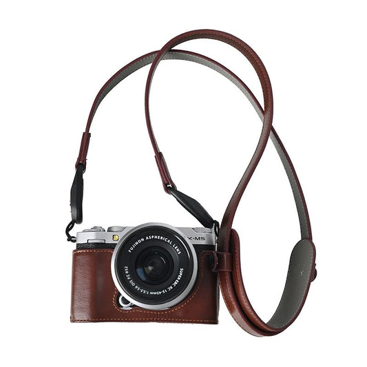 BMAOLLONGB X-M5 Case, Handmade Genuine Real Leather Half Camera Case Bag Cover for Fujifilm X-M5 Bottom Opening Version + Neck Strap (Coffee)