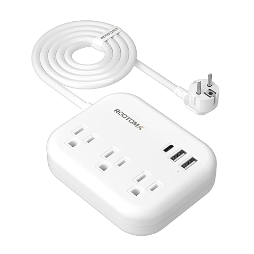 European Travel Plug Adapter with USB C, ROOTOMA Outlet Adapter US to Europe 3 Outlets 3 USB Ports, International Power Strip for EU Spain France