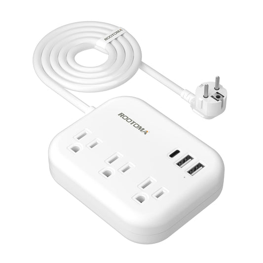 European Travel Plug Adapter with USB C, ROOTOMA Outlet Adapter US to Europe 3 Outlets 3 USB Ports, International Power Strip for EU Spain France
