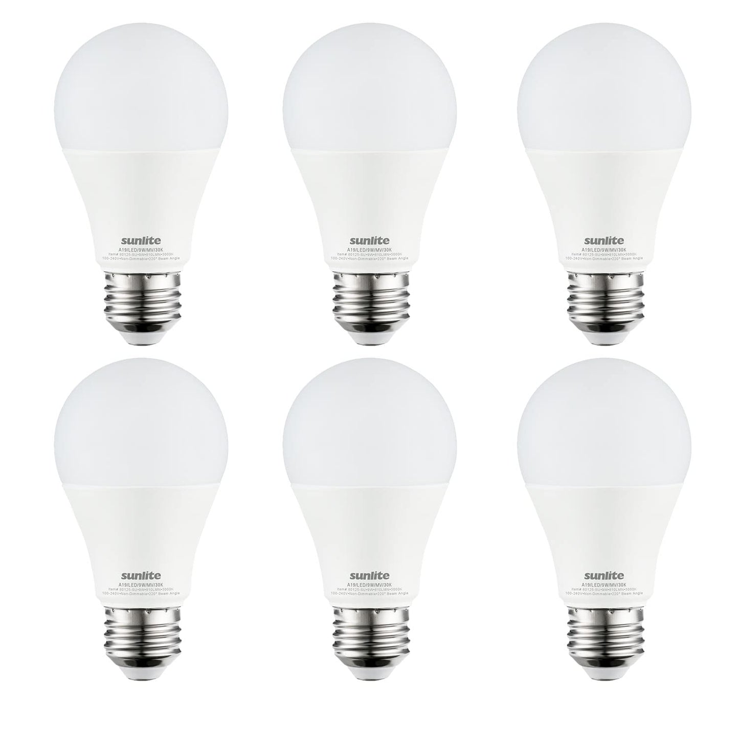 Sunlite 41833 LED A19 Light Bulb, 9 Watts (60W Equivalent), 810 Lumens, Medium E26 Base, 100-240 Multi-Volt, Non-Dimmable, Frost, 3000K Warm White, 6