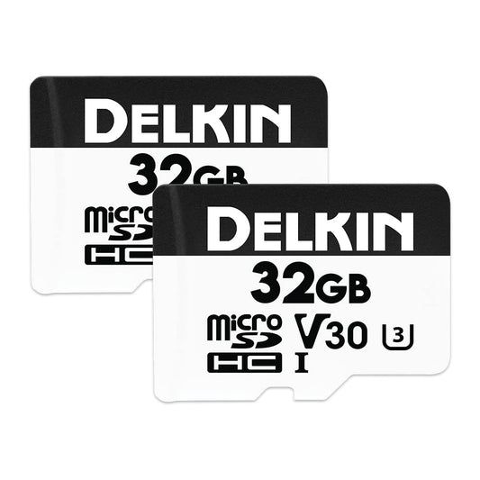 Delkin Devices 32GB 2-Pack Micro SD Cards - HYPERSPEED UHS-I (U3/V30) Max Read Speed 100MB/s, Max Write Speed 75MB/s | 32GB 2-PK Micro SD Memory Cards