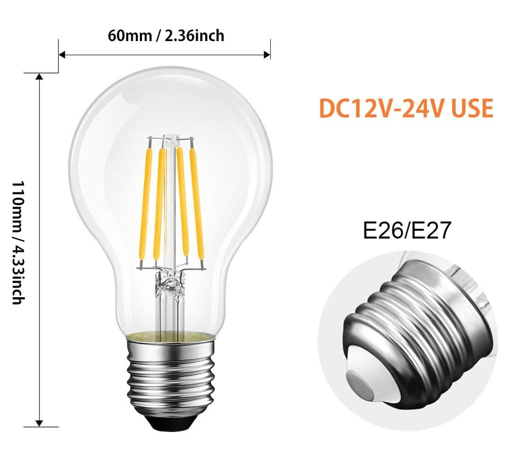 DC 24V Low Voltage LED Edison Bulb A19 6W 2700K Warm White 600LM E26 60Watt Equivalent LED Filament Bulb for RV Camper Marine Boat Solar Panel Project
