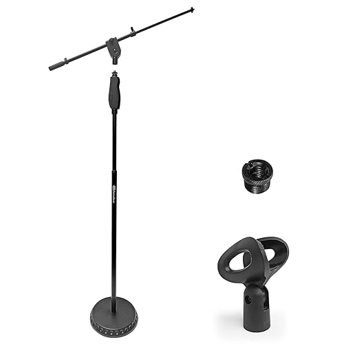 AxcessAbles One Hand Microphone Stand with Weighted Heavy Round Base and Quick Grip Height Adjustment - Telescoping Mic Boom Arm Included. Tall