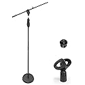 AxcessAbles One Hand Microphone Stand with Weighted Heavy Round Base and Quick Grip Height Adjustment - Telescoping Mic Boom Arm Included. Tall