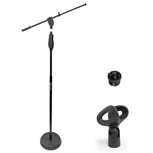 AxcessAbles One Hand Microphone Stand with Weighted Heavy Round Base and Quick Grip Height Adjustment - Telescoping Mic Boom Arm Included. Tall