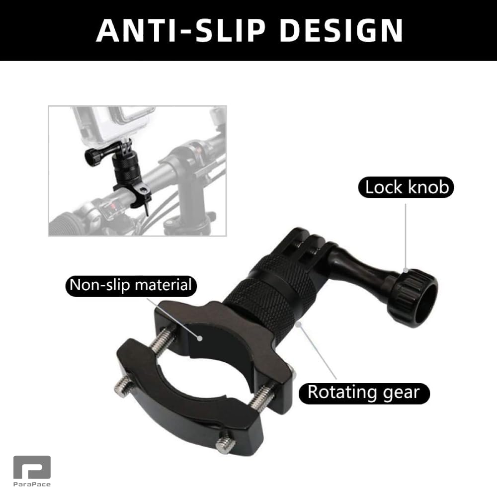 ParaPace Mountain Bike Mount for GoPro Hero 13/12/11/10/9/8/7/6/5/4/3+, 360 Degree Rotation Aluminium Bike Handlebar Holder Bicycle Rack Adjuster