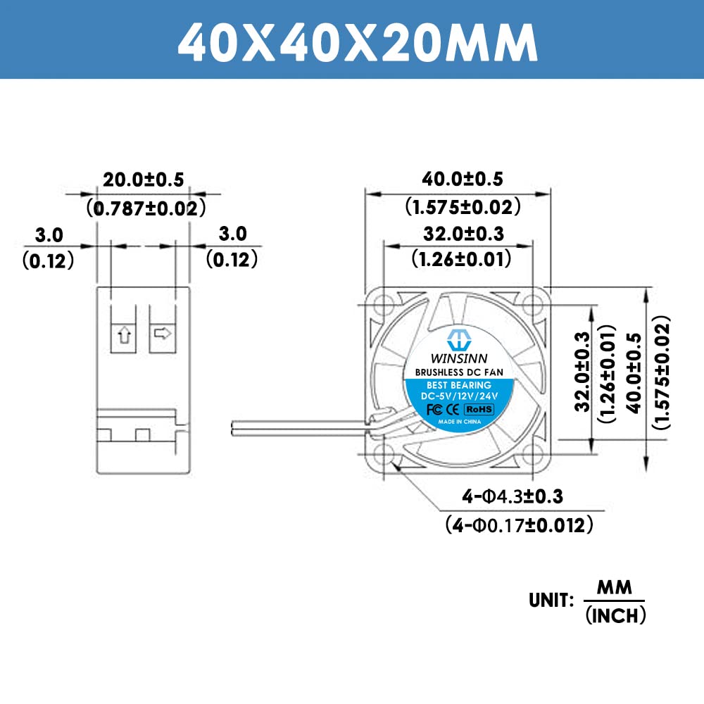 WINSINN 40mm 24V Fan - Dual Ball Bearing 8000 RPM 4020 Cooling Fan Replacement for 3D Printer/Industrial Equipment, 30cm Cable with XH2.54-2PIN