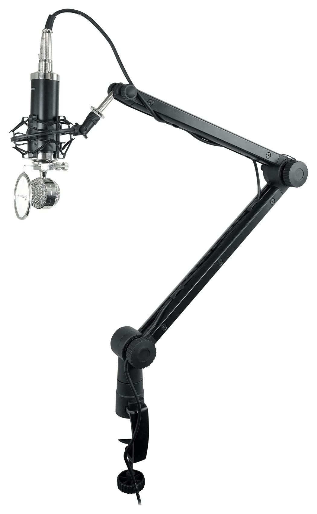 Rockville Rogan Stand Pro Boom Arm Mic Stand, 38" Reach, Aluminum, Dual Mount, Hidden 6.5Ft XLR Cable, Mic Clip Included, Foldable Design, For