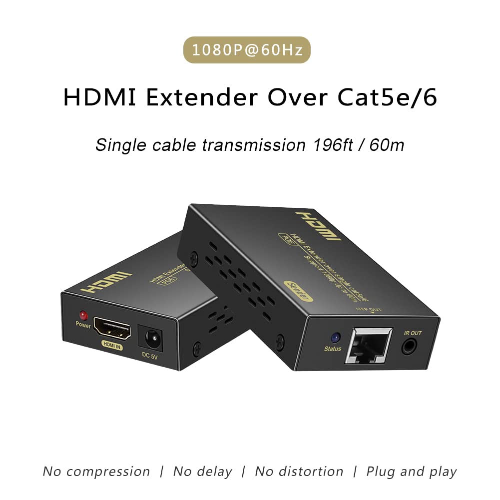 RYXN HDMI Extender Over Cat5e/6, HDMI Over Ethernet Extender 196ft, HDMI Balun Support HDMI 1.4 1080P 3D EDID, Adopting Single Power Supply POC